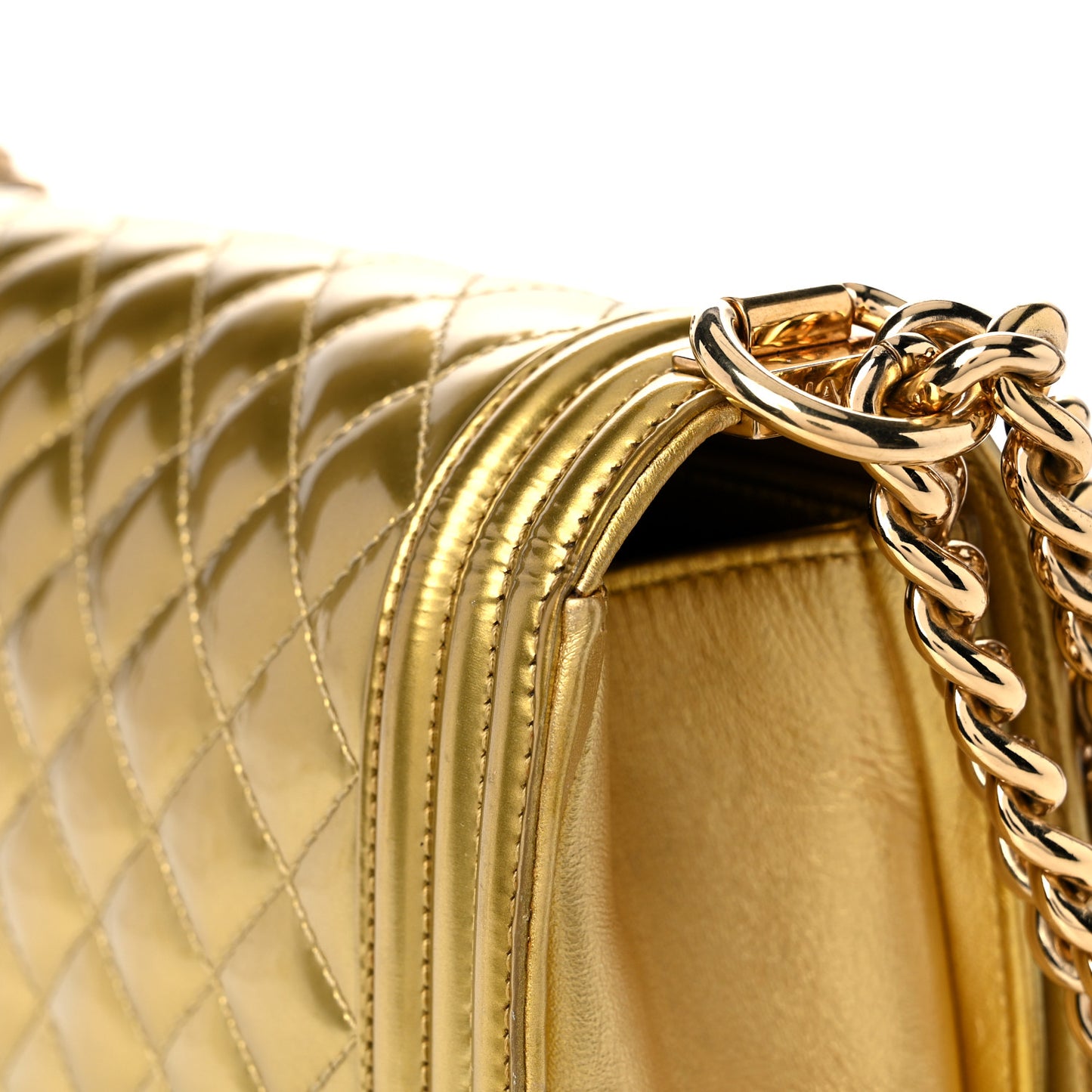 Metallic Patent Calfskin Quilted Medium Boy Flap Gold