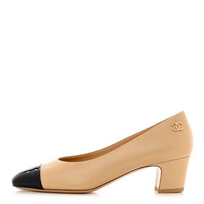 Chanel Lambskin Patent Cap Toe CC Pumps 38 Beige Black 1 of 11