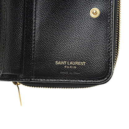 Saint Laurent Grain De Poudre Matelasse Chevron Monogram Compact Zip Around Wallet Black 7 of 9