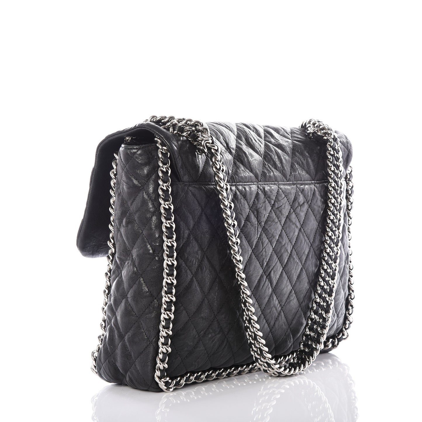 Washed Lambskin Quilted Maxi Chain Around Flap Black