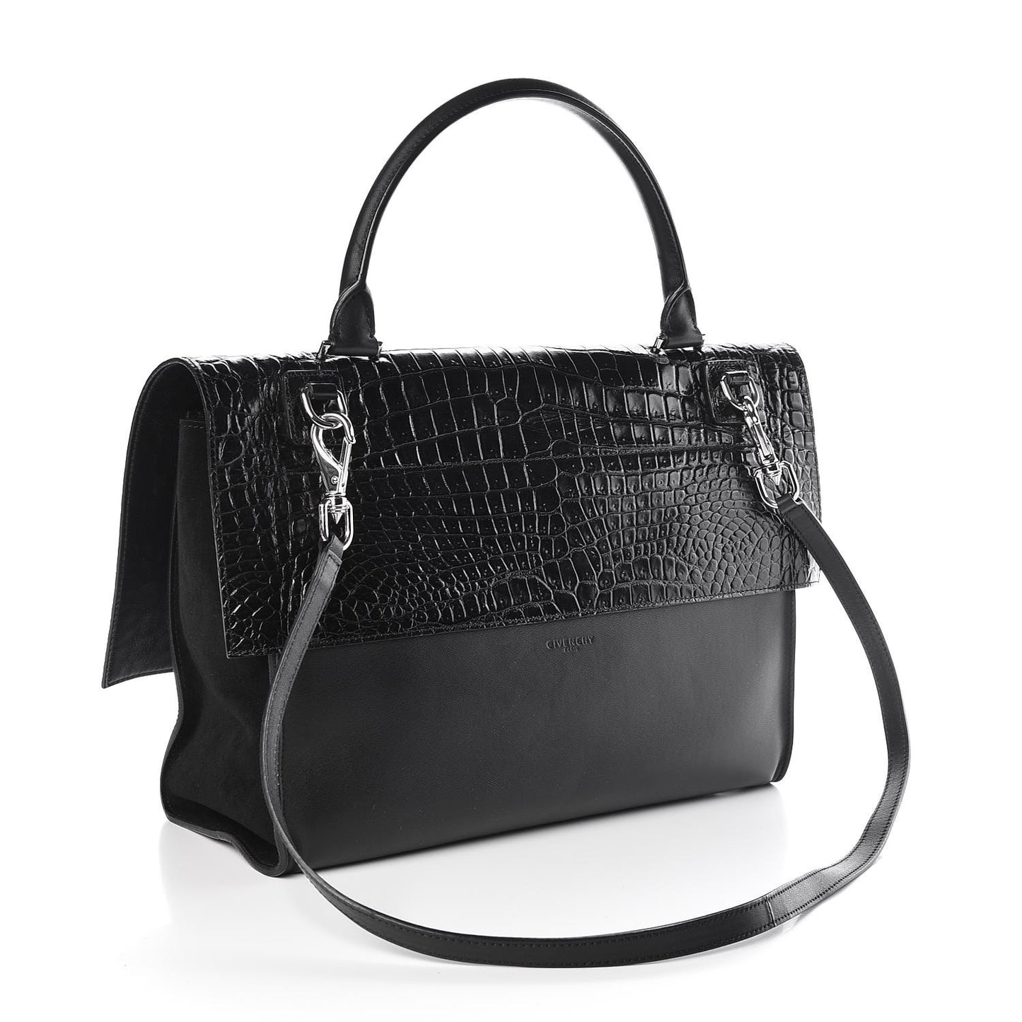 Calfskin Crocodile Embossed Medium Shark Lock Satchel Black