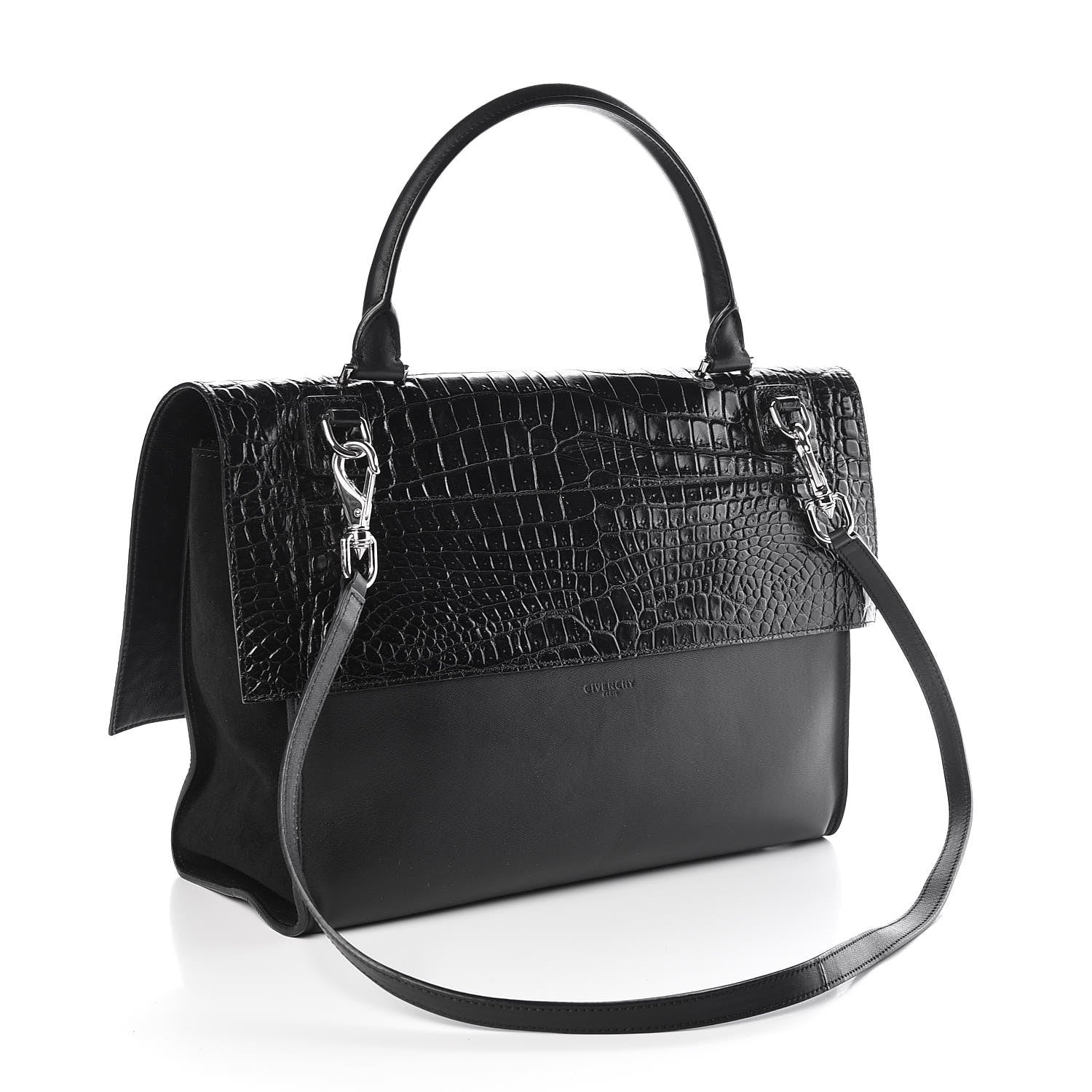 Givenchy Calfskin Crocodile Embossed Medium Shark Lock Satchel Black 4 of 9