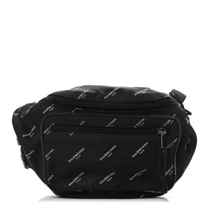 Balenciaga Twill Nylon Allover Logo Explorer Beltpack Black White 1 of 10