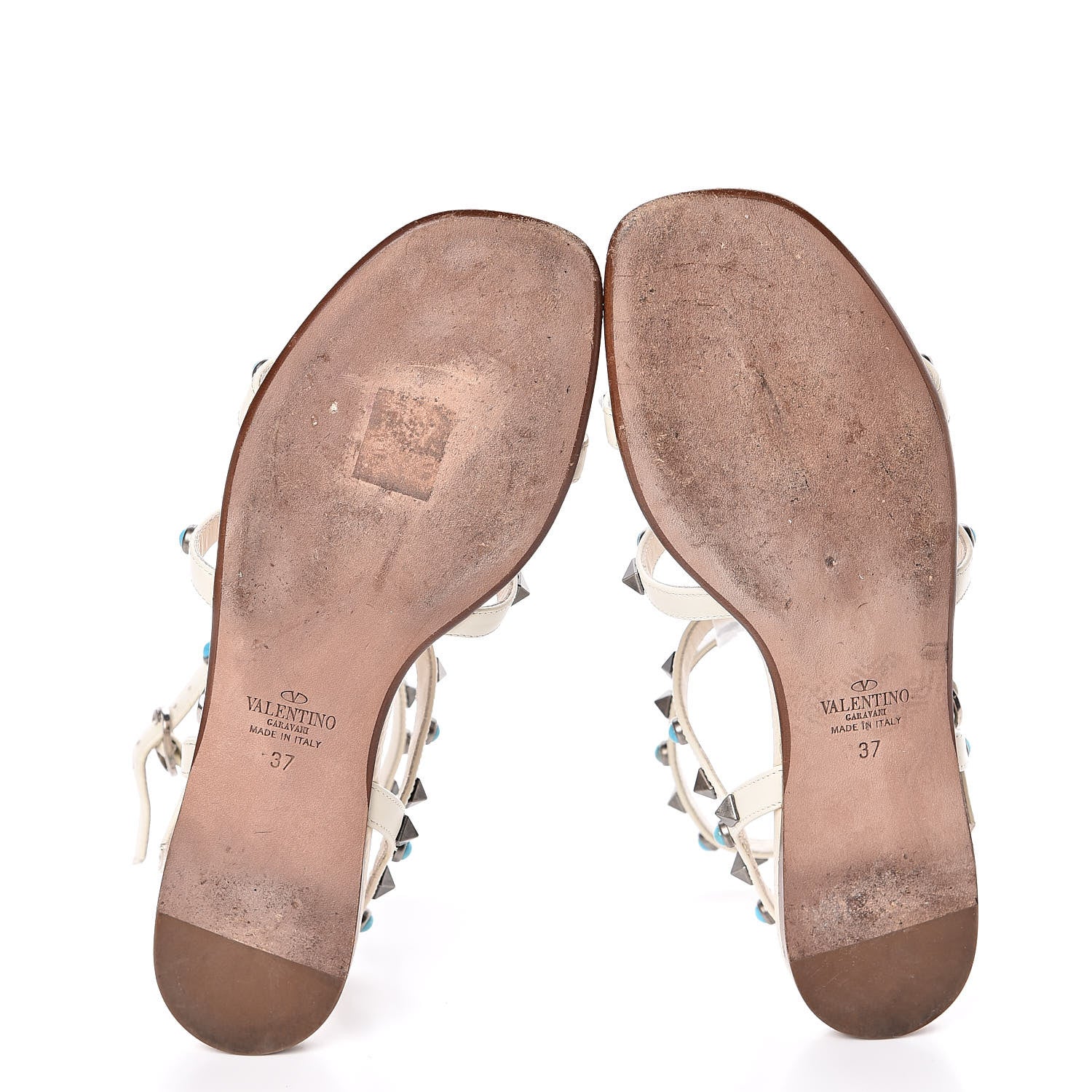Valentino Garavani Calfskin Turquoise Rockstud Rolling Gladiator Flat Sandals 37 Light Ivory 5 of 8