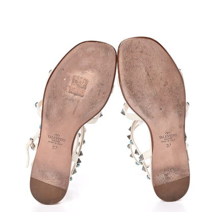 Valentino Garavani Calfskin Turquoise Rockstud Rolling Gladiator Flat Sandals 37 Light Ivory 5 of 8