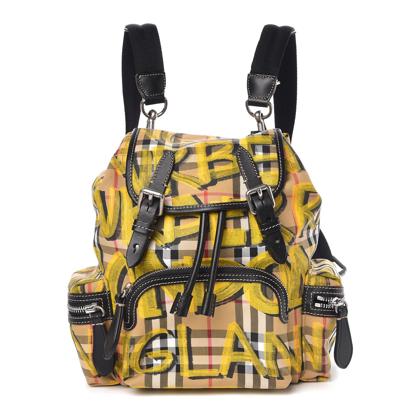 Calfskin Vintage Check Graffiti Print Small Rucksack Backpack Yellow