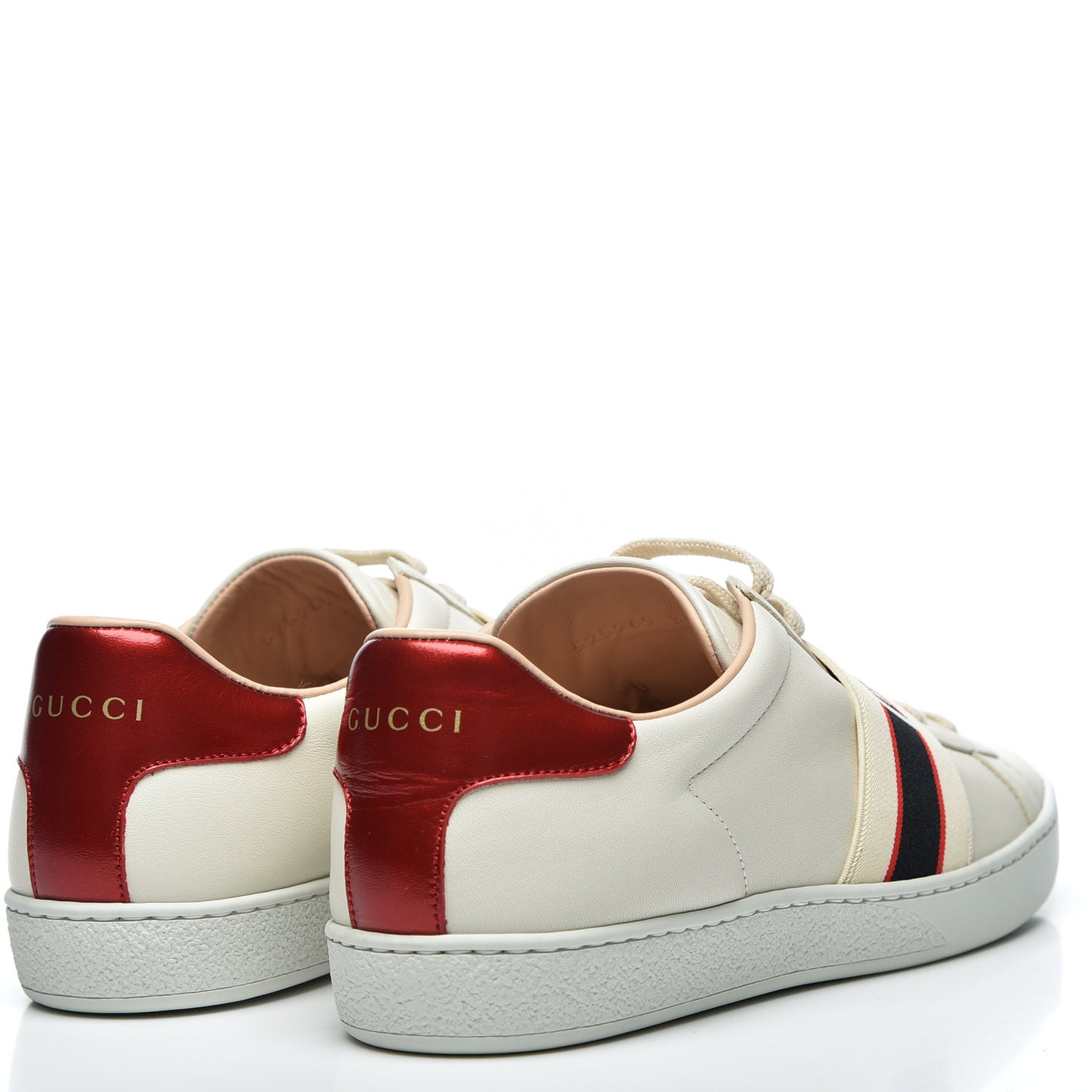 Calfskin Stripe Womens New Ace Sneakers 38.5 New Mystic White Ecru Red Flame