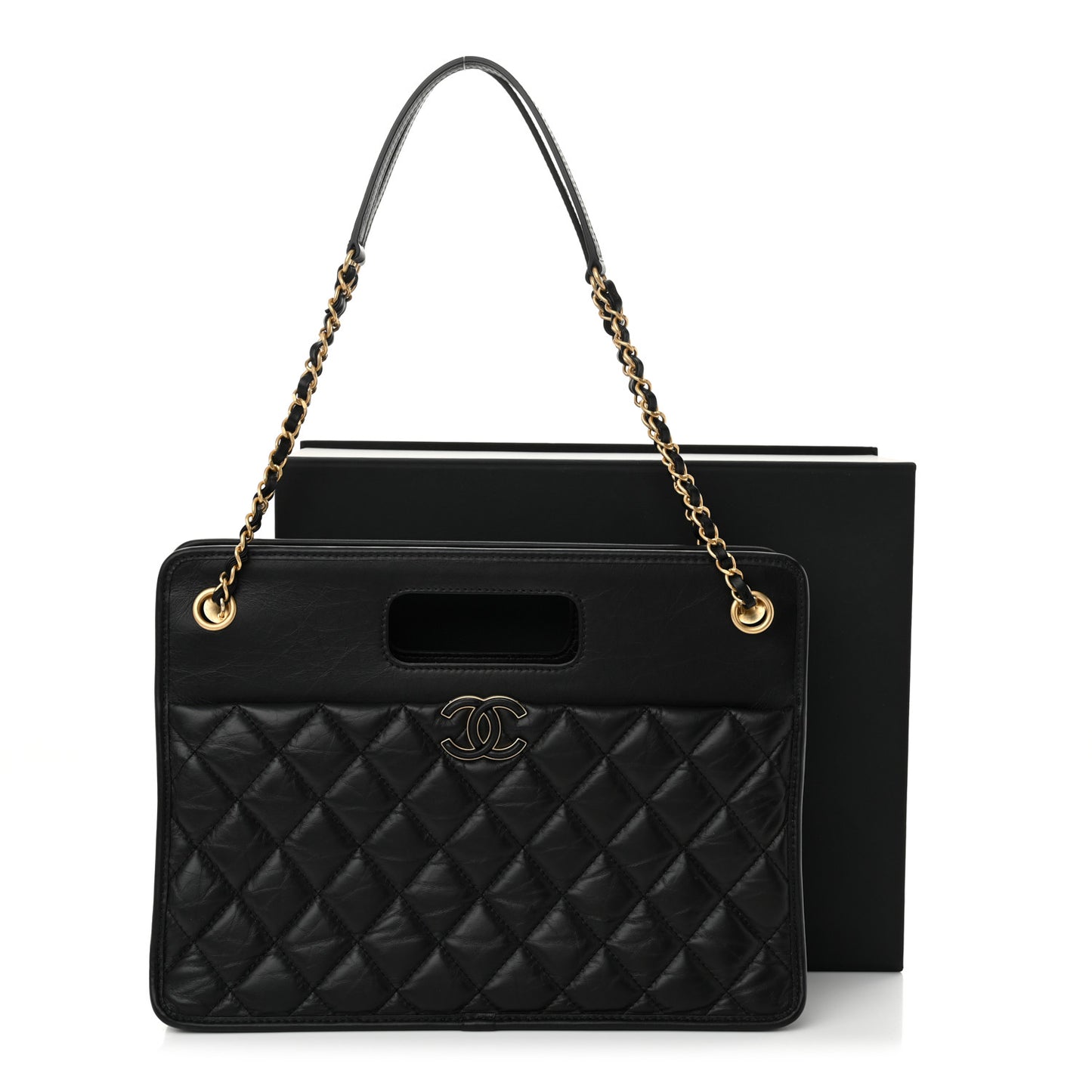 Aged Calfskin Quilted Graphic Catch Shopping Bag Black