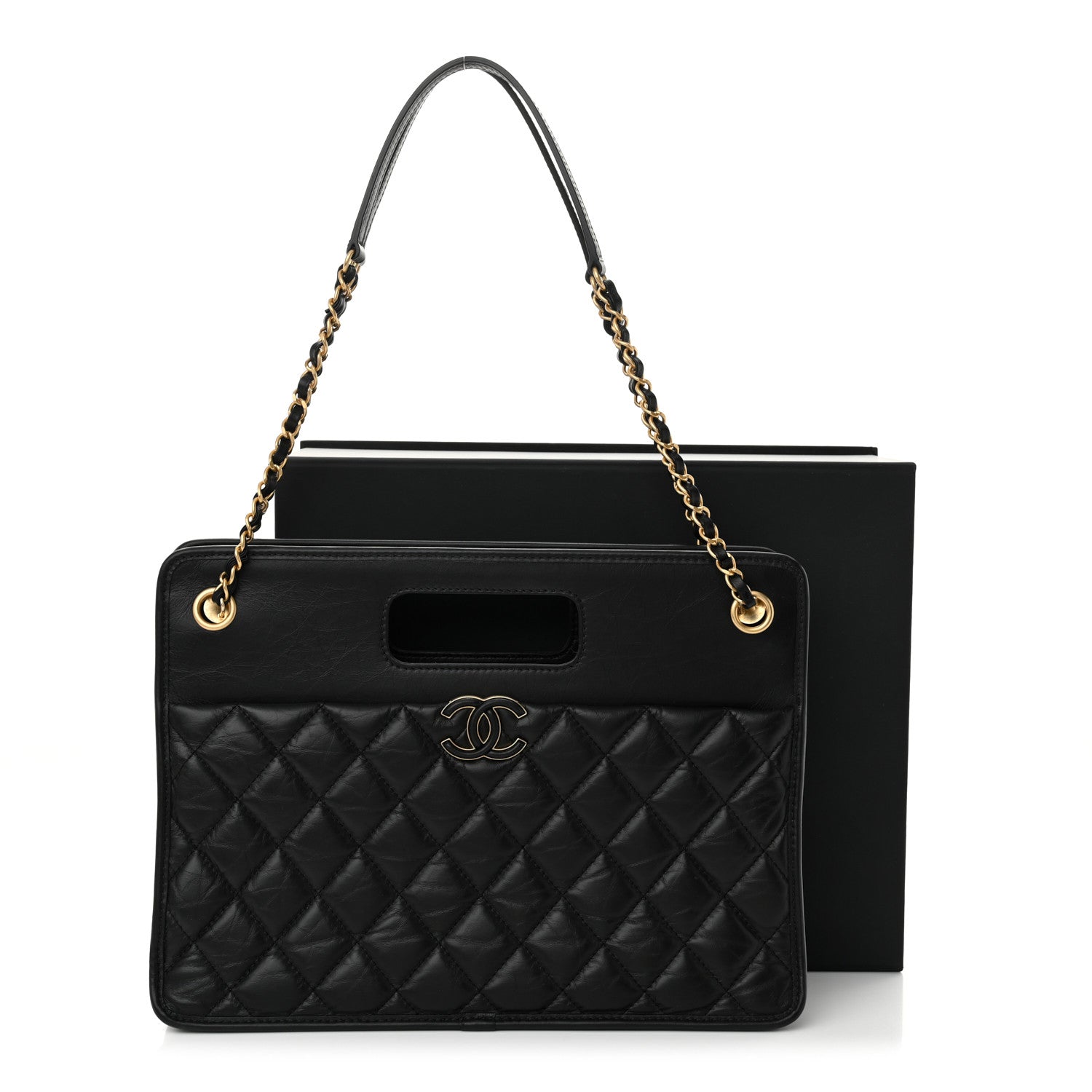 Chanel Aged Calfskin Quilted Graphic Catch Shopping Bag Black 11 of 11
