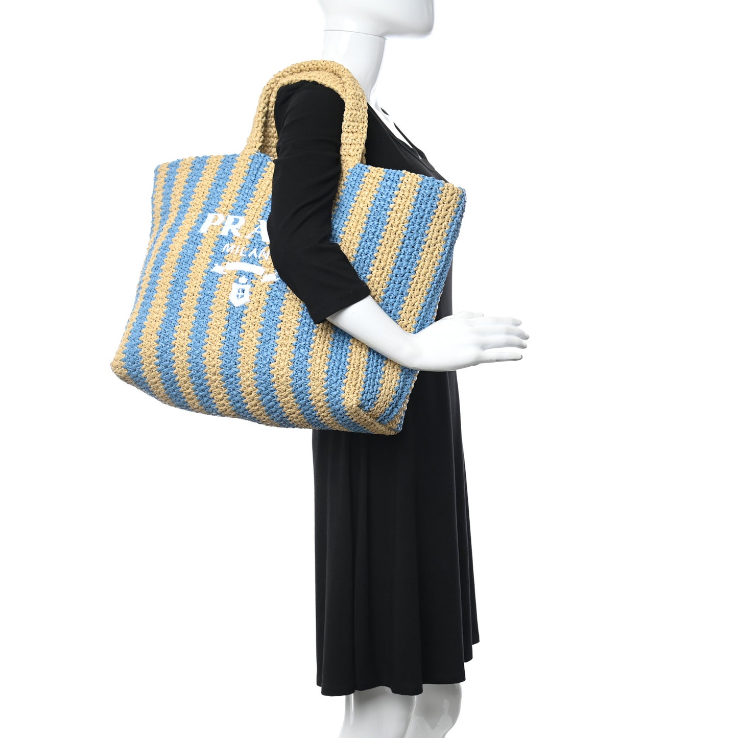 Yarn Raffia Effect Crochet Striped Large Logo Tote Naturale Celeste