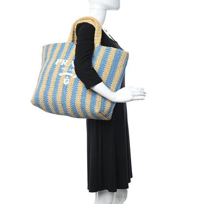 Prada Yarn Raffia Effect Crochet Striped Large Logo Tote Naturale Celeste 2 of 9