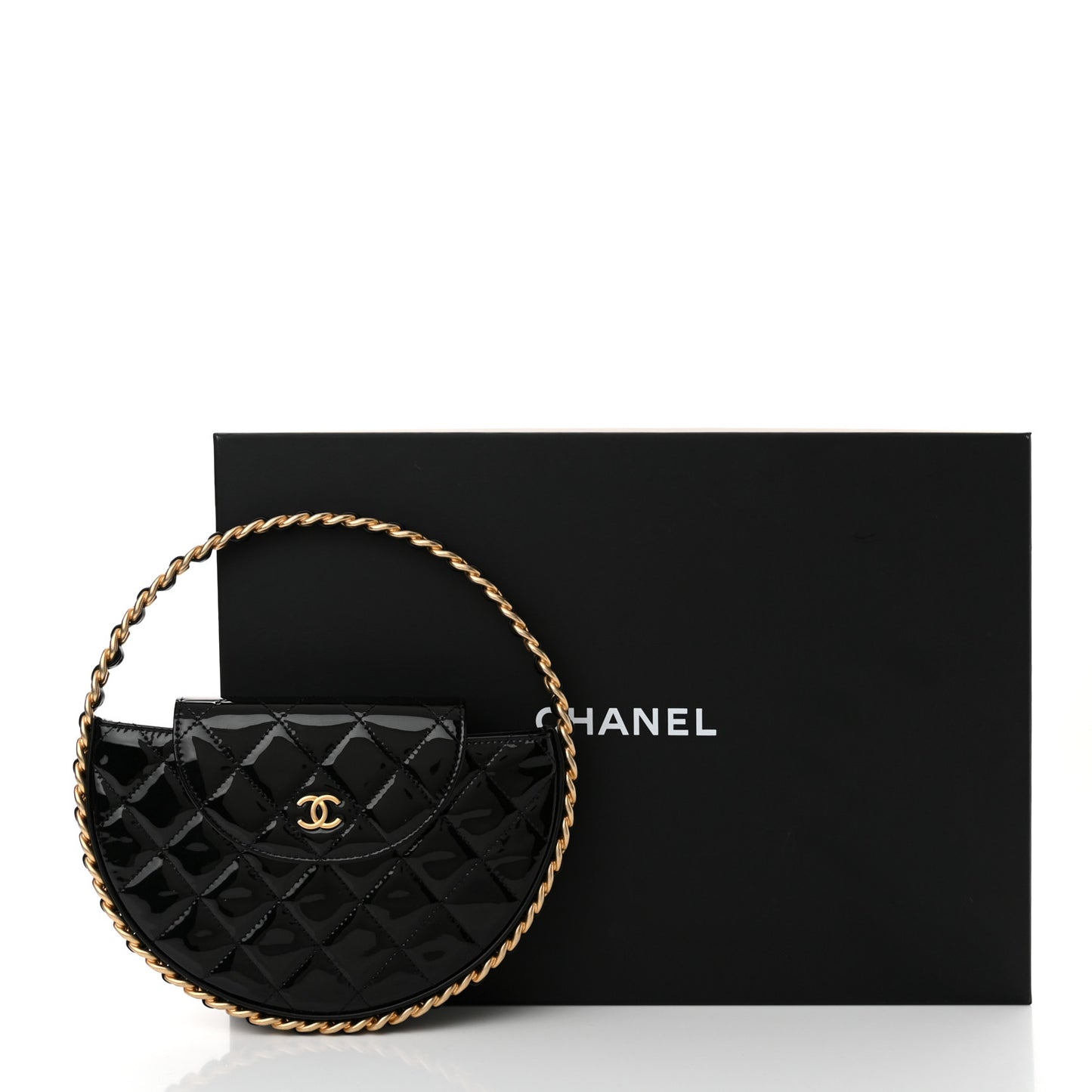 Patent Calfskin Quilted Chain Hoop Bag Black