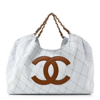 Chanel Denim Calfskin Quilted Coco Beach Small Shopping Tote Light Blue Brown 1 of 11