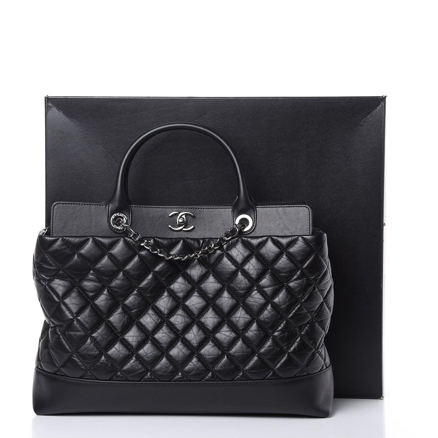 Aged Calfskin Quilted Be CC Tote Black