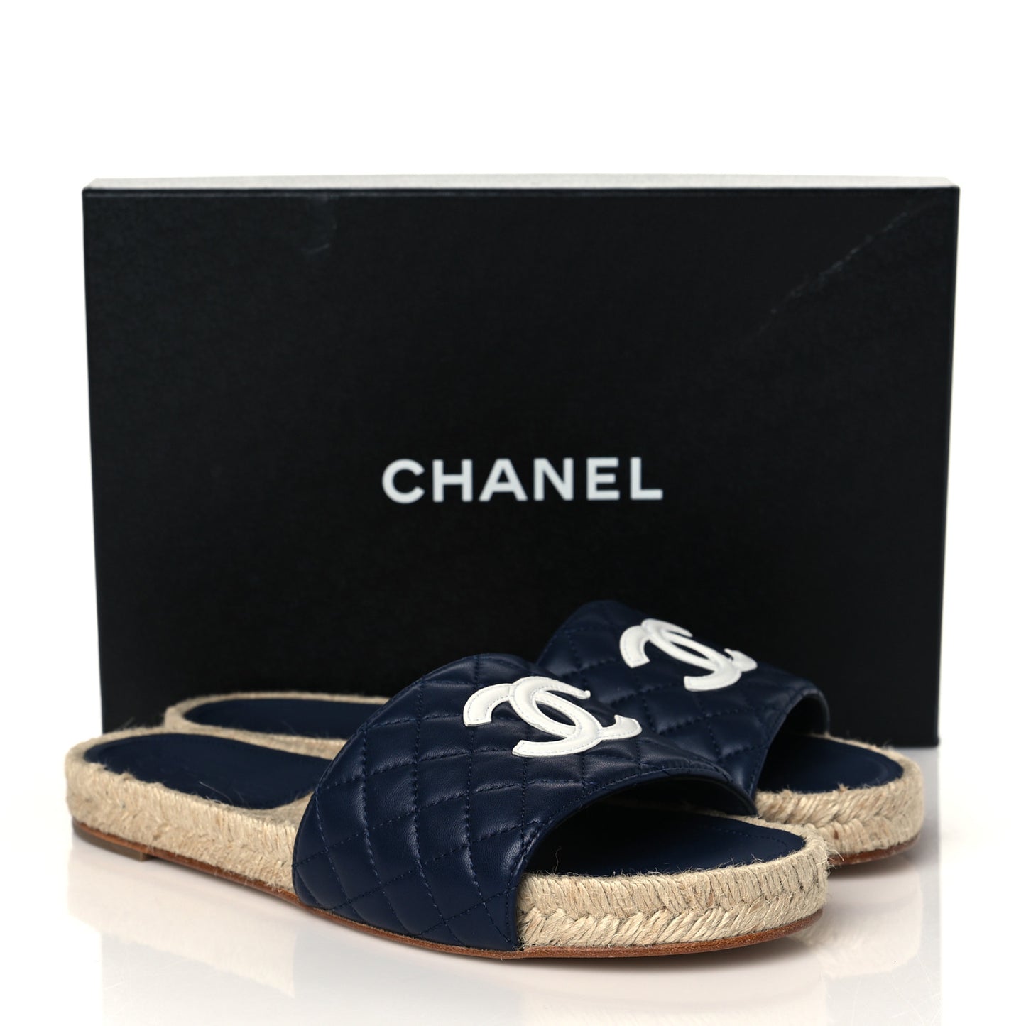 Lambskin Quilted CC Espadrille Slip On Sandals 40 Navy