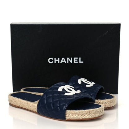 Chanel Lambskin Quilted CC Espadrille Slip On Sandals 40 Navy 10 of 10