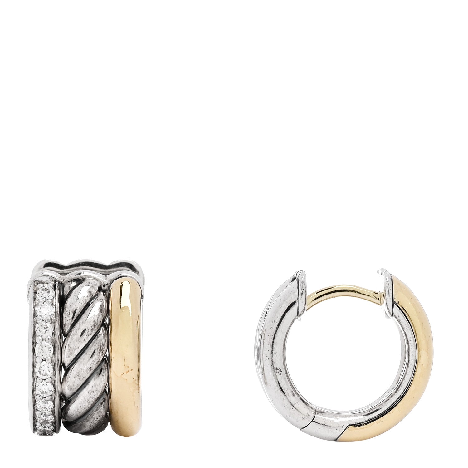 David Yurman Sterling Silver 18K Yellow Gold Diamond Mercer Huggie Hoop Earrings 1 of 5