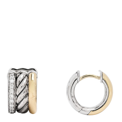 David Yurman Sterling Silver 18K Yellow Gold Diamond Mercer Huggie Hoop Earrings 1 of 5