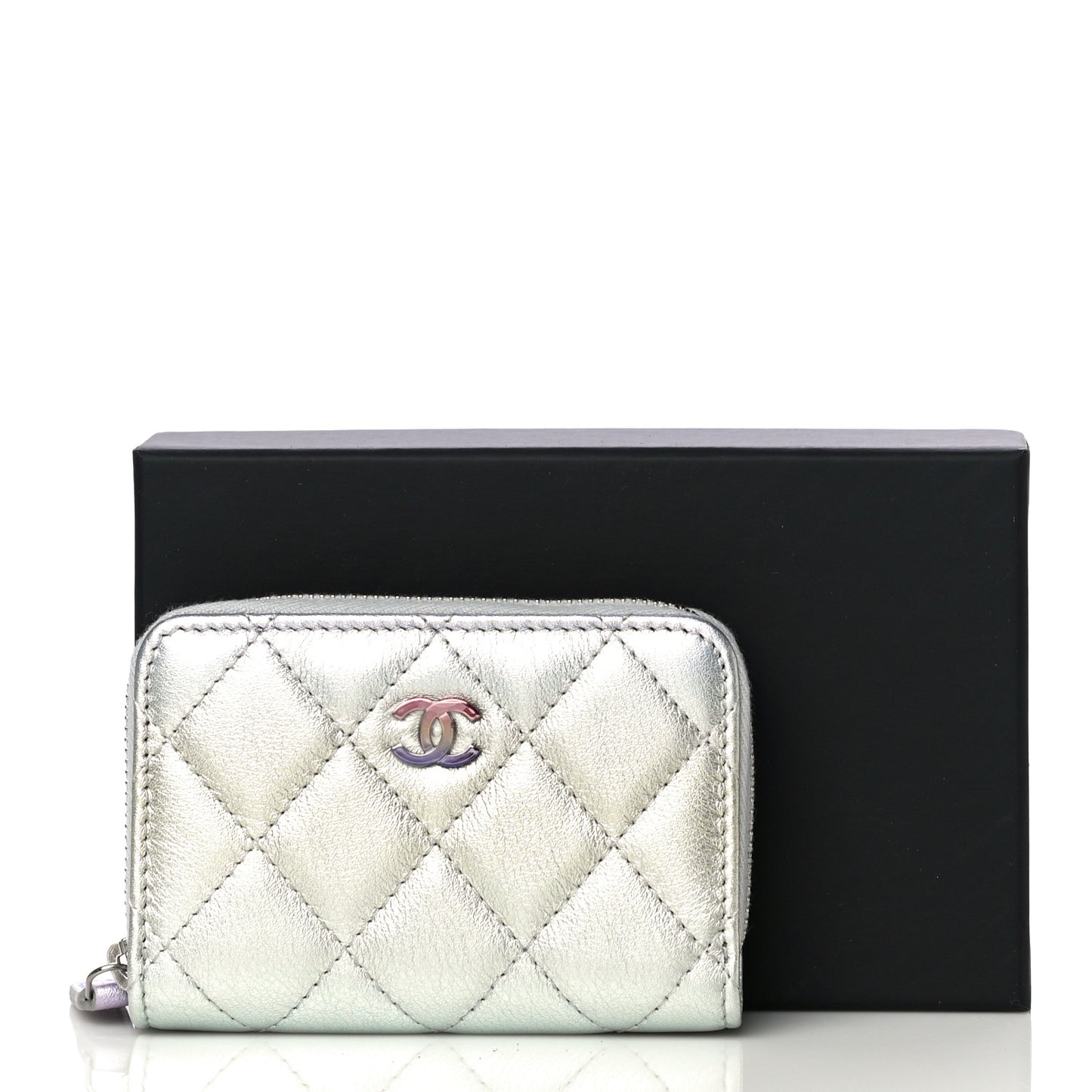 Gradient Metallic Calfskin Quilted Zip Around Coin Purse Wallet Silver Blue Yellow Purple