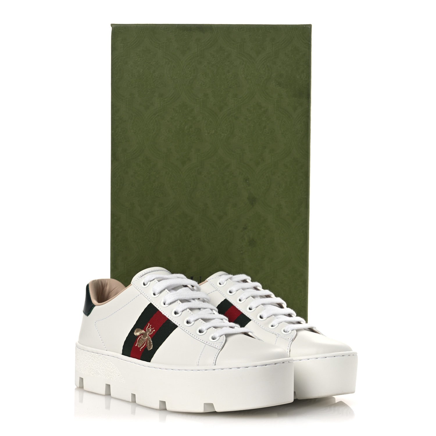 Gucci Calfskin Web Bee Embroidered Womens Ace Platform Sneakers 35.5 White 11 of 11