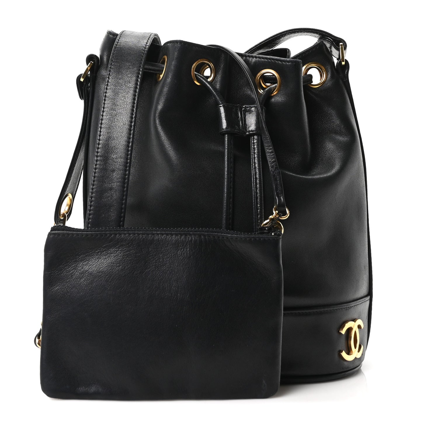 Lambskin CC Drawstring Shoulder Bag Black
