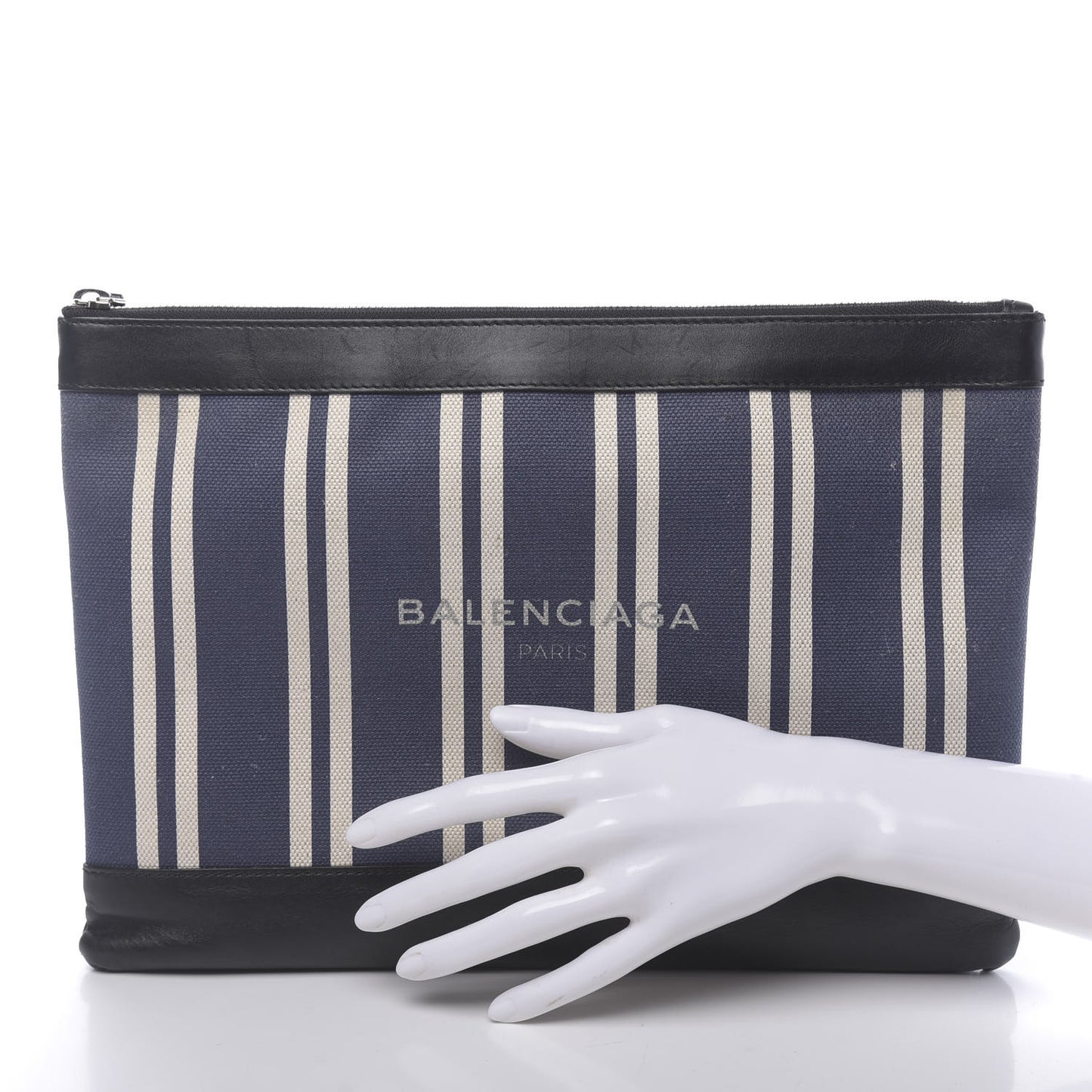 Calfskin Cotton Canvas Striped Logo Clutch Navy