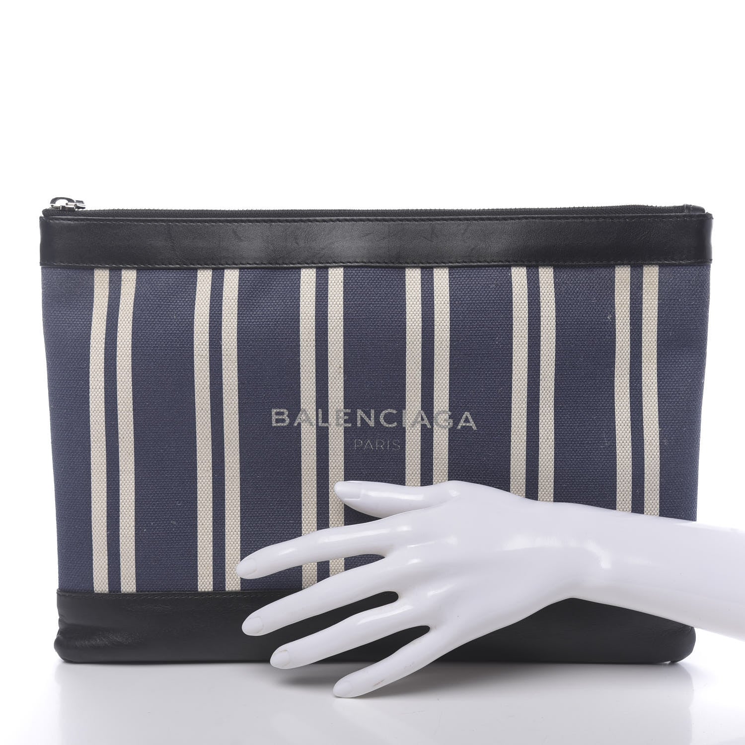 Balenciaga Calfskin Cotton Canvas Striped Logo Clutch Navy 2 of 11