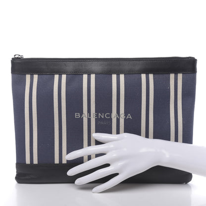 Balenciaga Calfskin Cotton Canvas Striped Logo Clutch Navy 2 of 11