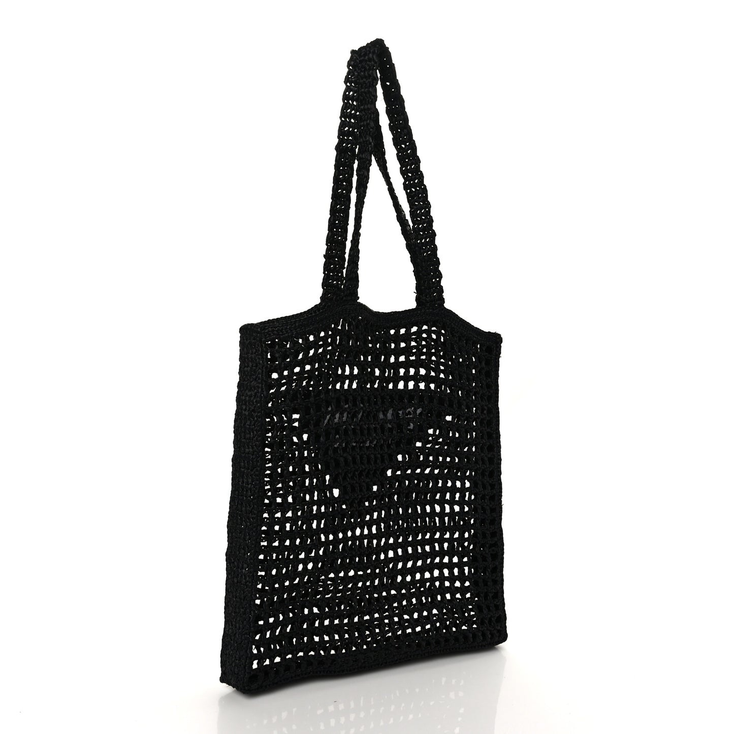Yarn Raffia Effect Crochet Logo Embroidered Tote Bag Black