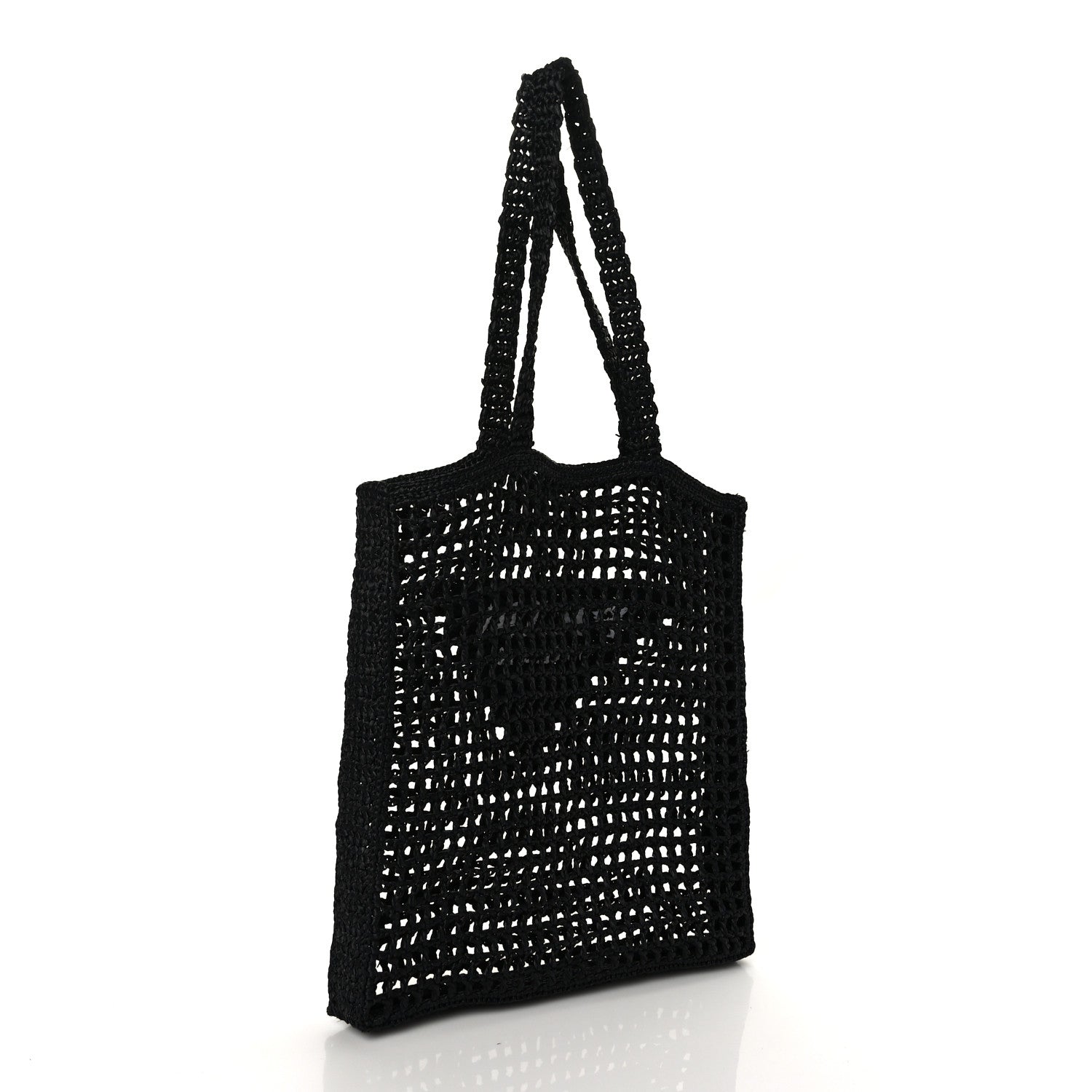 Prada Yarn Raffia Effect Crochet Logo Embroidered Tote Bag Black 3 of 8