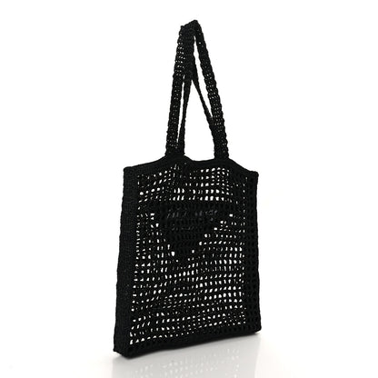 Prada Yarn Raffia Effect Crochet Logo Embroidered Tote Bag Black 3 of 8