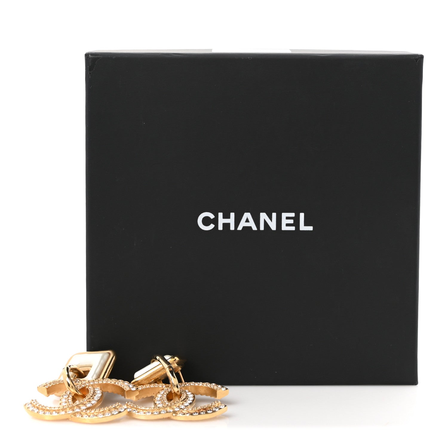 Chanel Crystal Pearl CC Square Drop Earrings Gold Pearly White 4 of 4