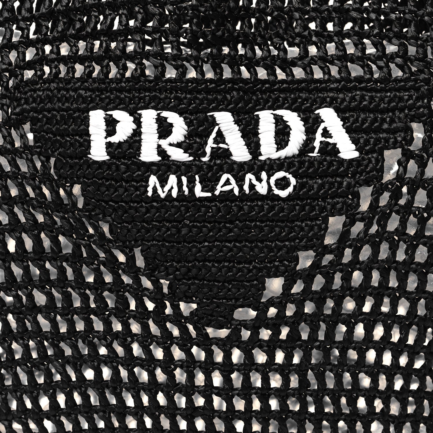 Prada Yarn Raffia Effect Crochet Logo Embroidered Shopping Tote Bag Black 7 of 9