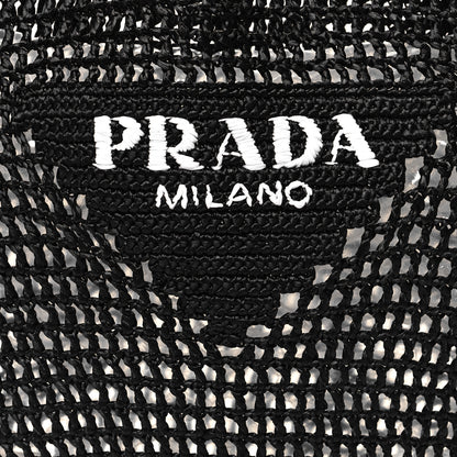 Prada Yarn Raffia Effect Crochet Logo Embroidered Shopping Tote Bag Black 7 of 9