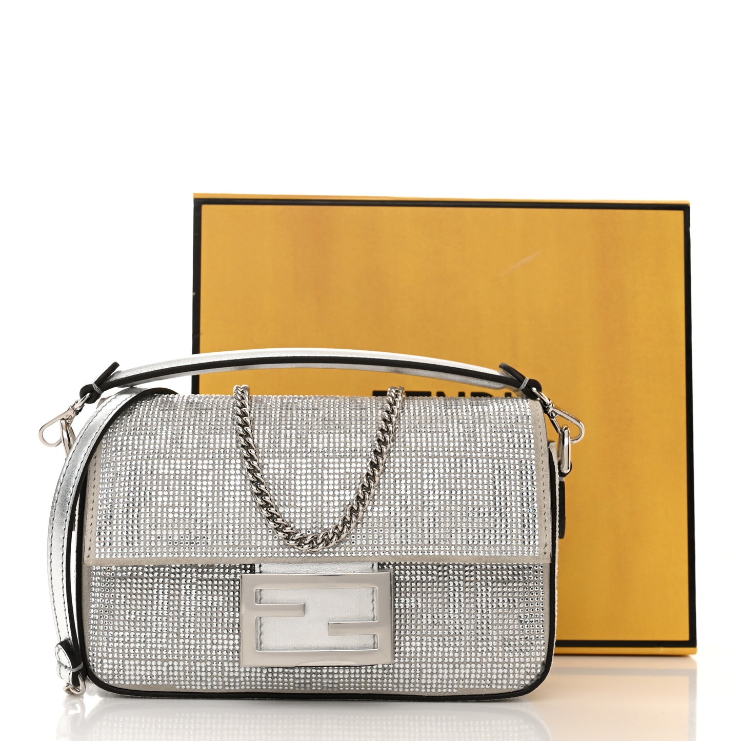 Crystal Vitello Laminato FF Mini Baguette Crystal Argento