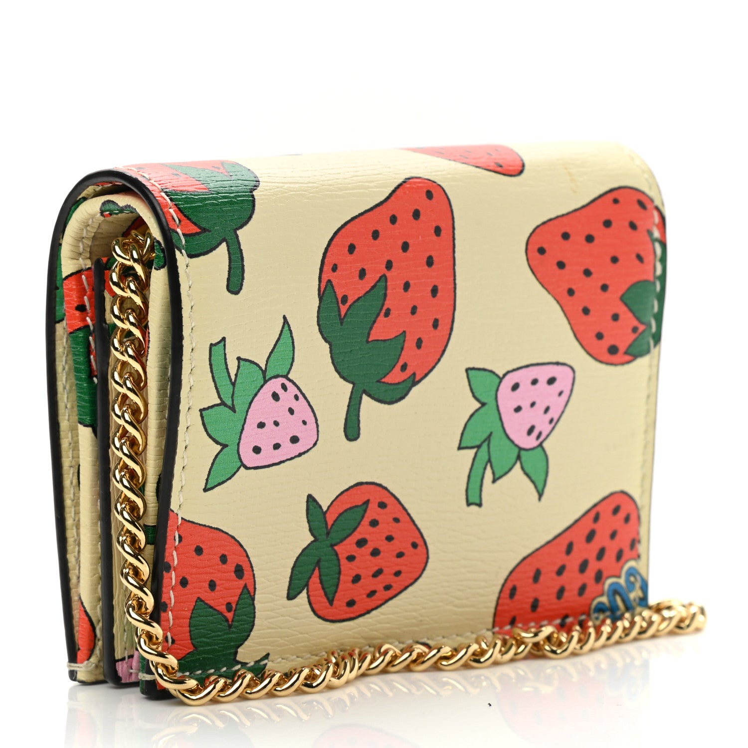 Gucci Calfskin Strawberry Print Zumi Chain Card Case Wallet Ivory Red 3 of 11
