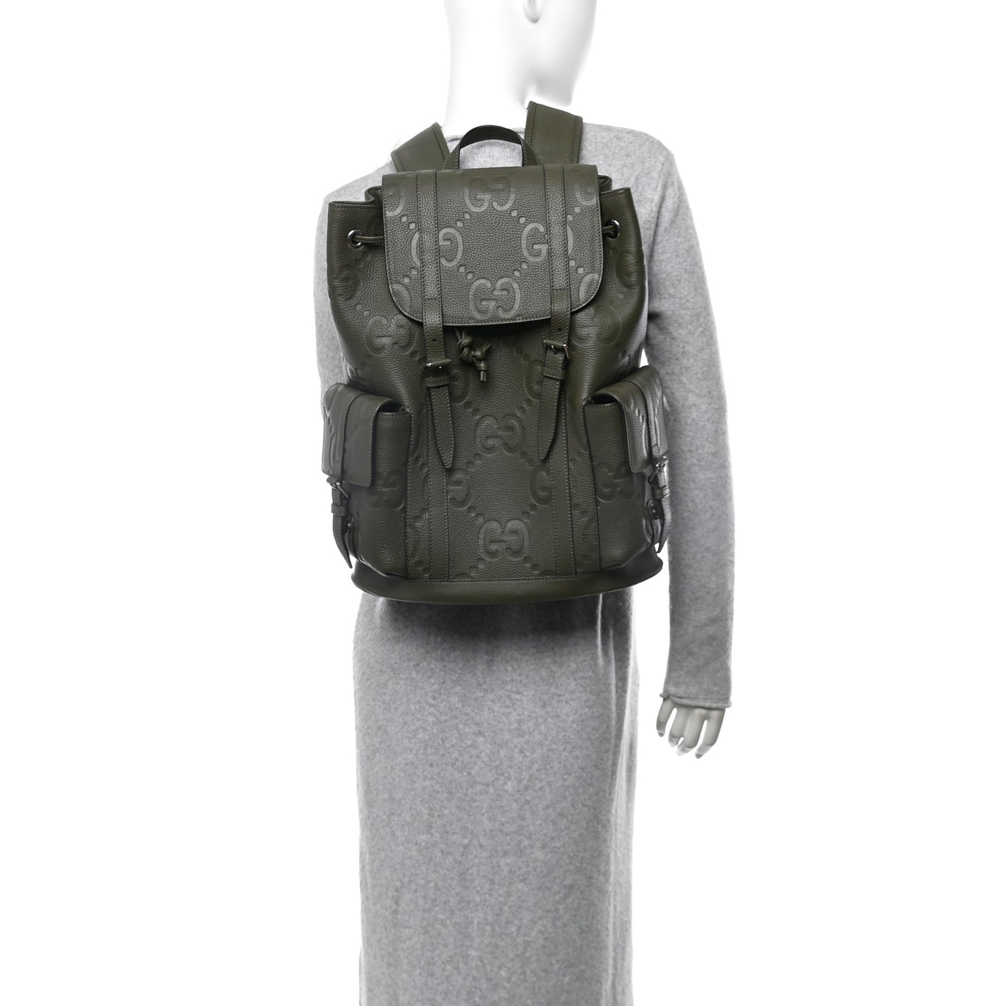 Piuma Calfskin Jumbo GG Embossed Double Buckle Backpack Dark Vintage Olive