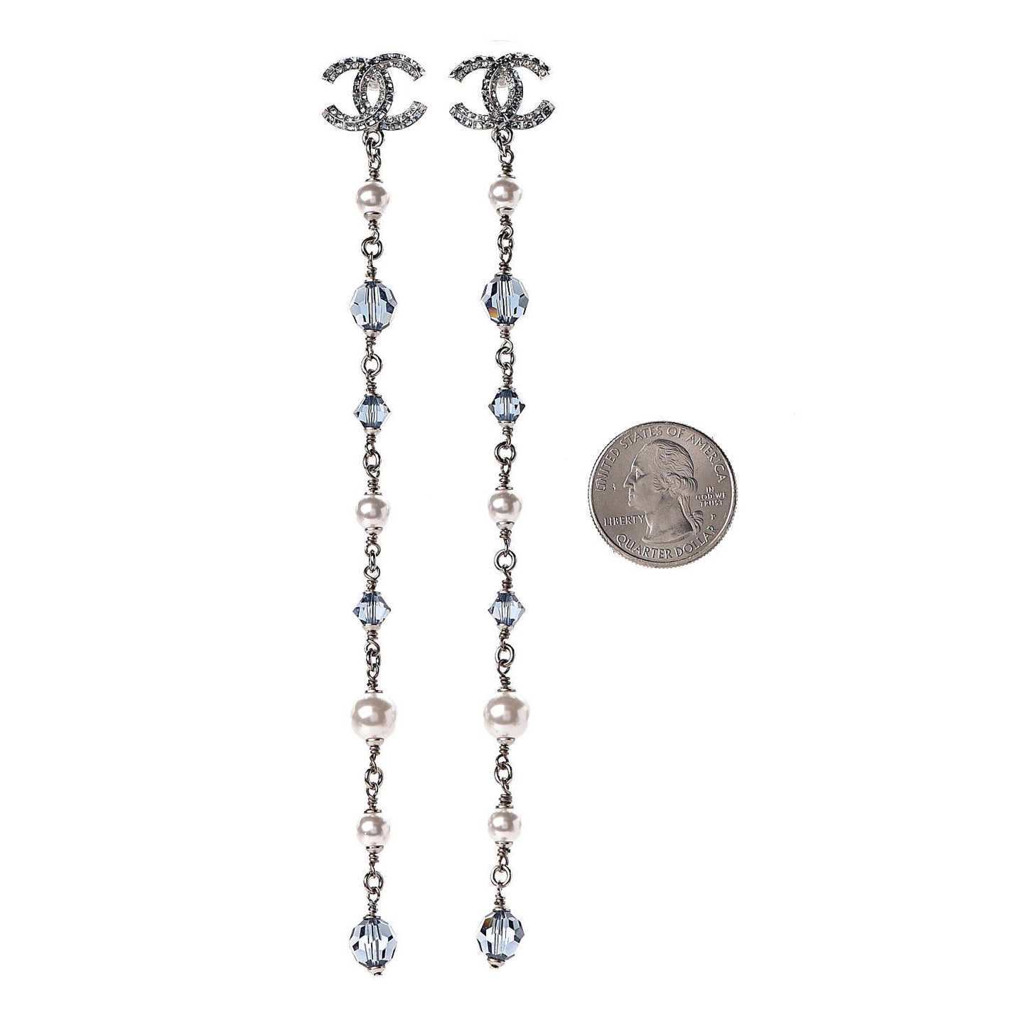Crystal Pearl Bead CC Long Drop Earrings Silver Blue