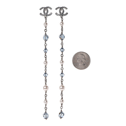 Chanel Crystal Pearl Bead CC Long Drop Earrings Silver Blue 2 of 5