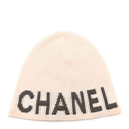 Chanel Cashmere Logo Beanie Hat White Grey 1 of 5
