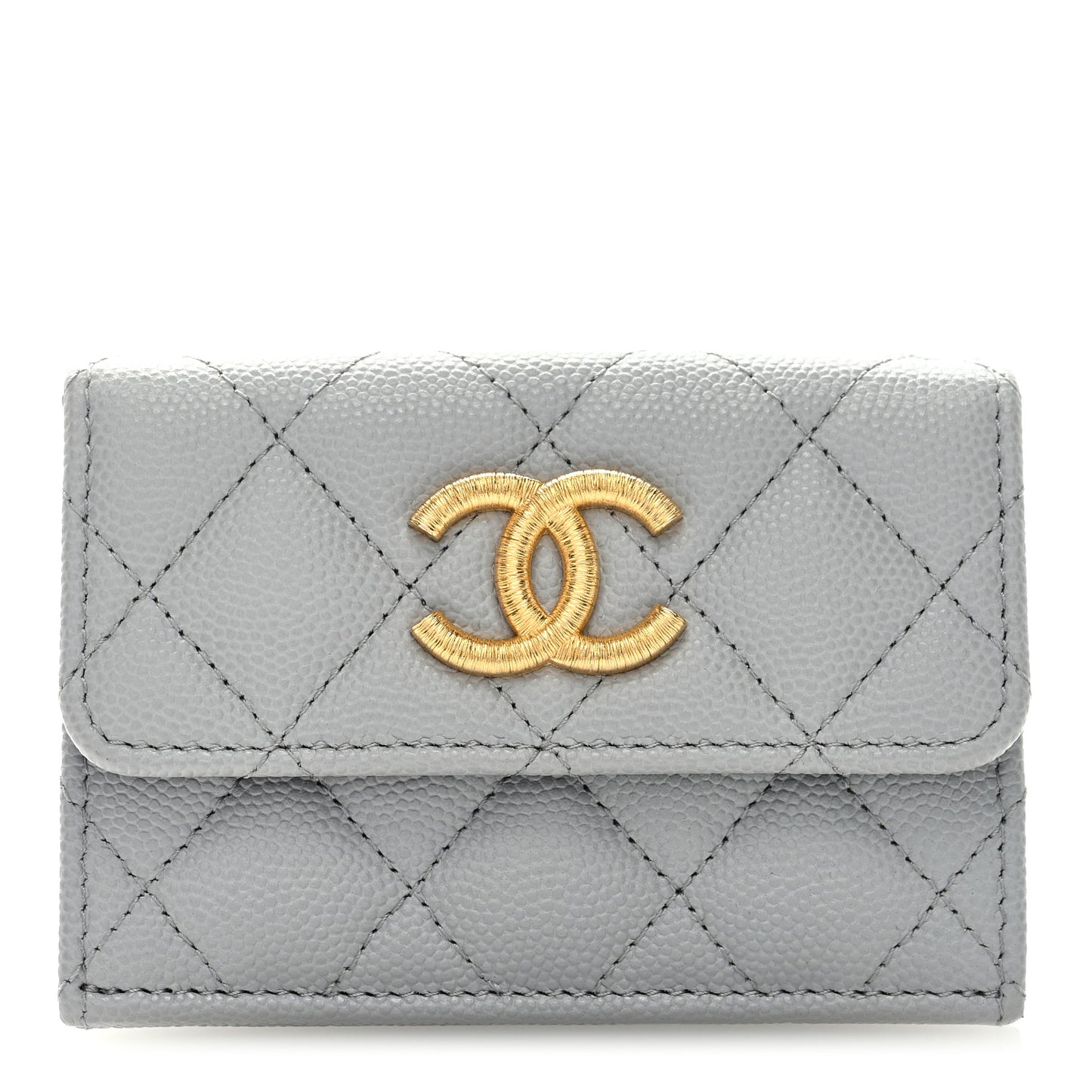 Caviar Quilted Textured CC Double Flap Wallet Grey