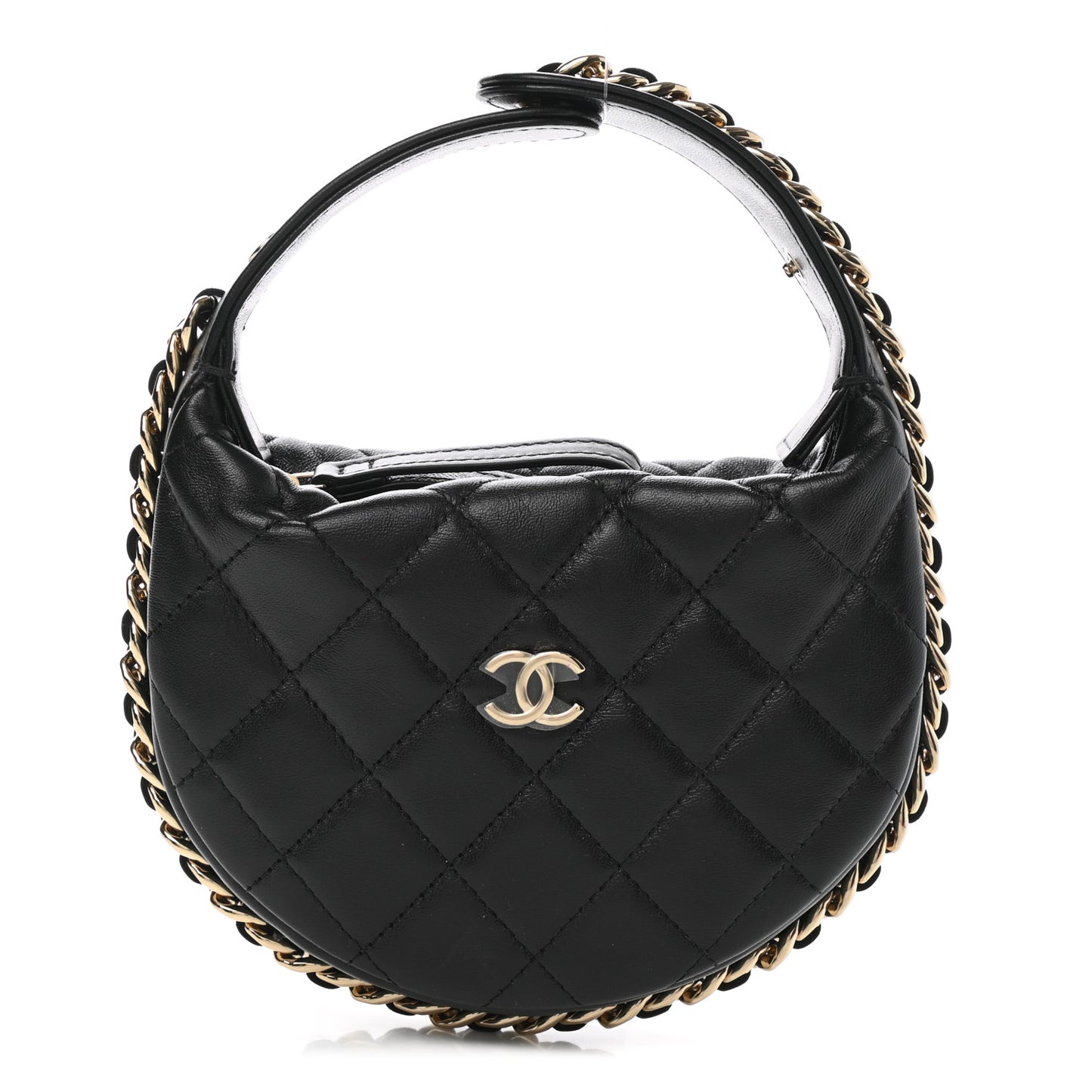 Lambskin Quilted Chain Around Pouch Hobo Black