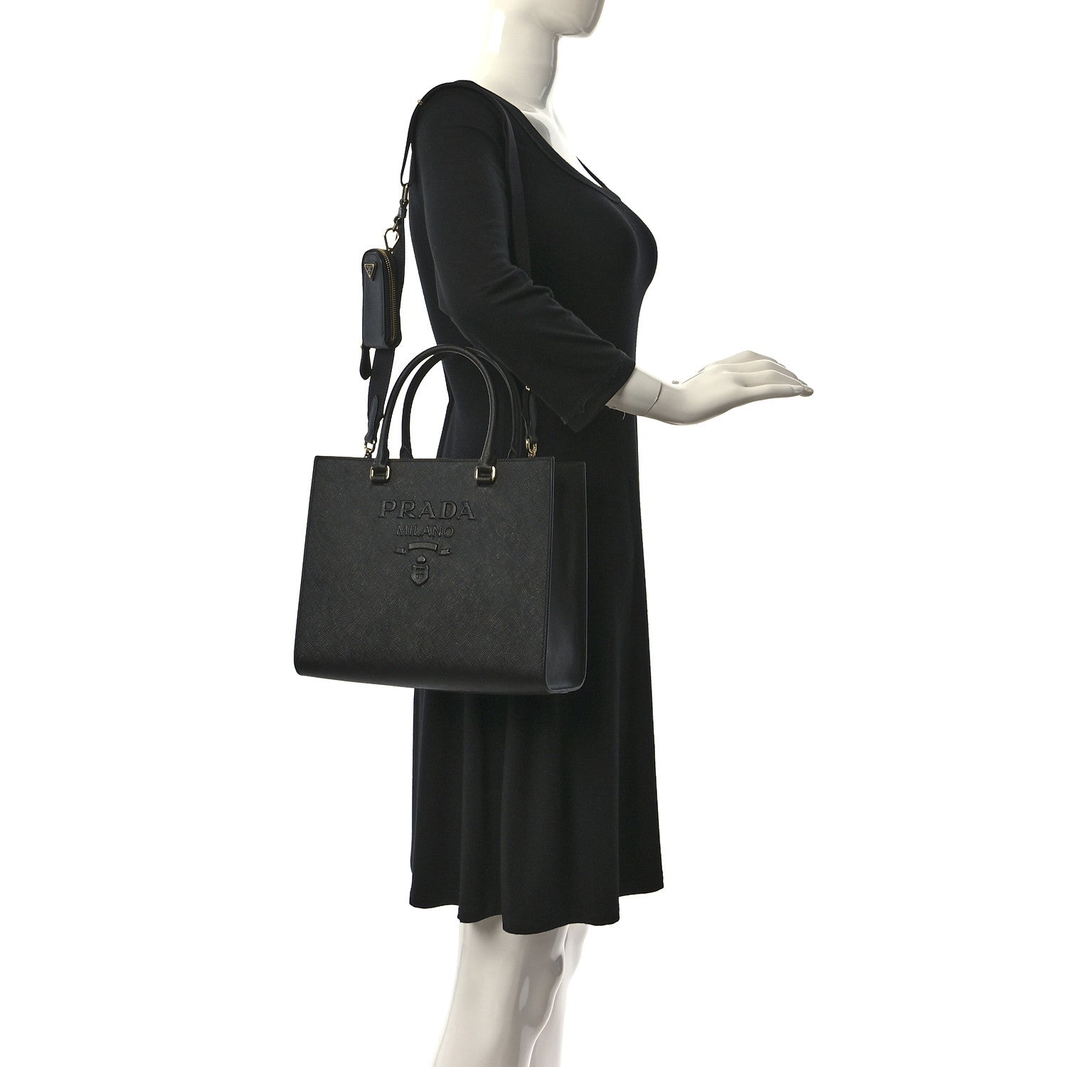 Prada Saffiano Lux Logo Embossed Medium Shoulder Tote Handbag Black 2 of 8