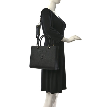 Prada Saffiano Lux Logo Embossed Medium Shoulder Tote Handbag Black 2 of 8