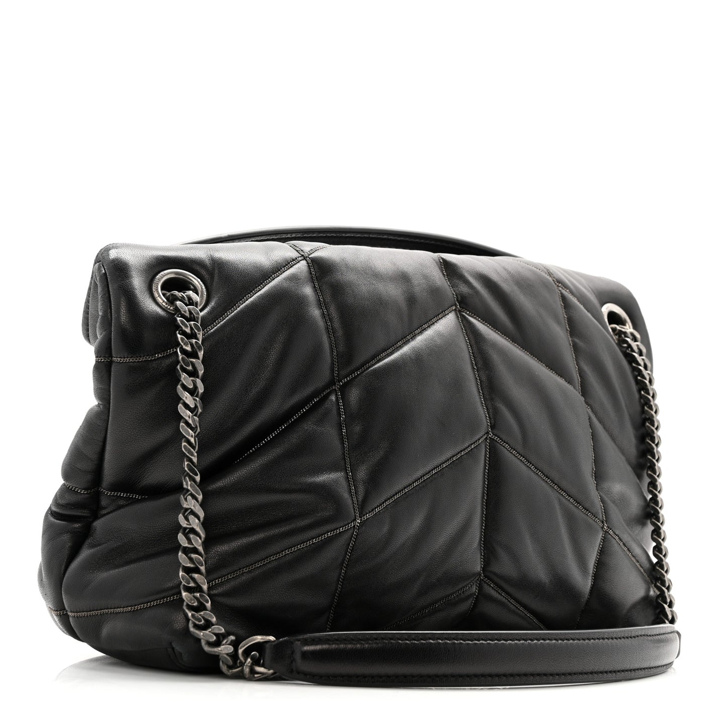 Lambskin Quilted Metal Small Loulou Puffer Monogram Chain Satchel  Black