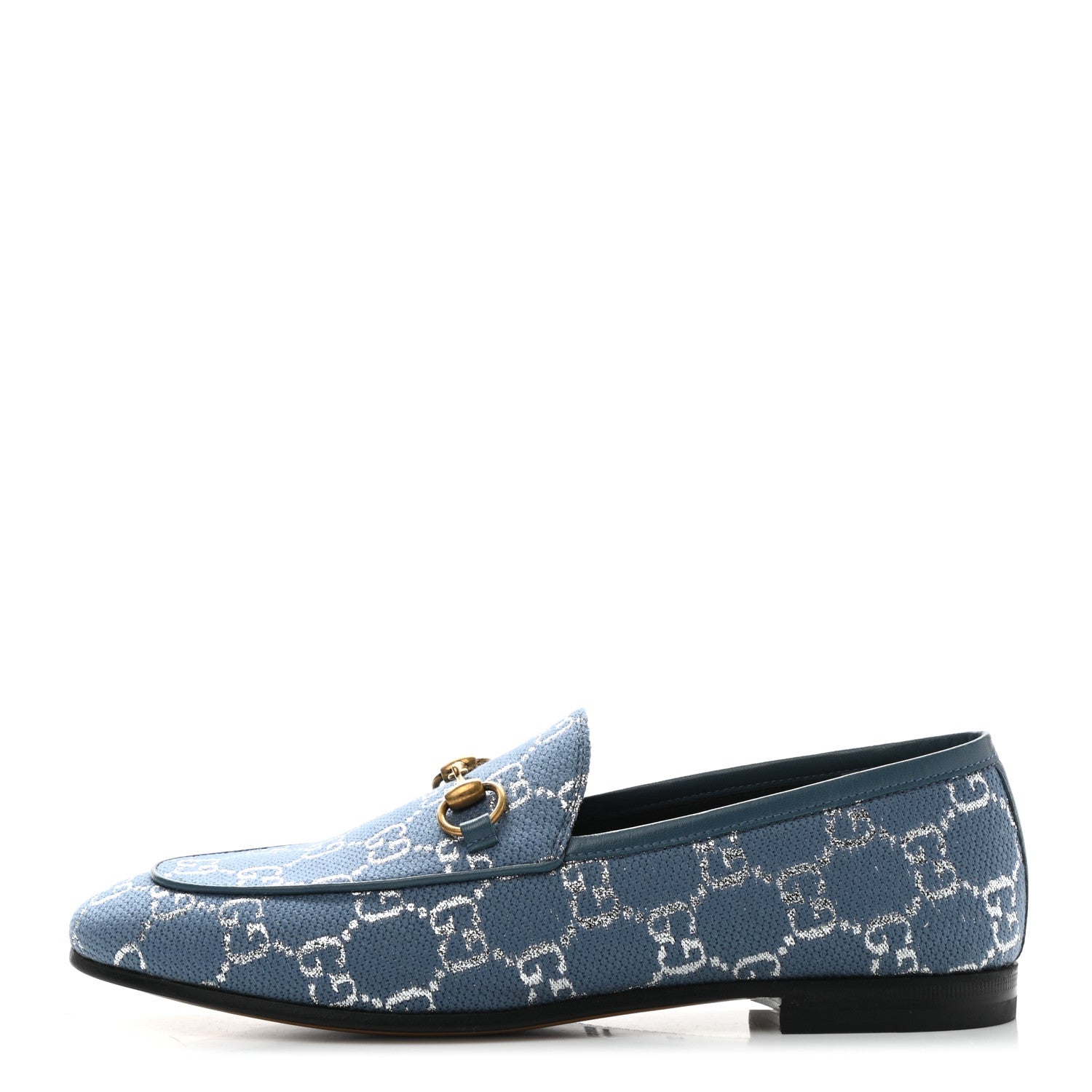 Gucci Canvas Lame GG Monogram Horsebit Womens Jordaan Loafers 37 Blue Silver 1 of 8