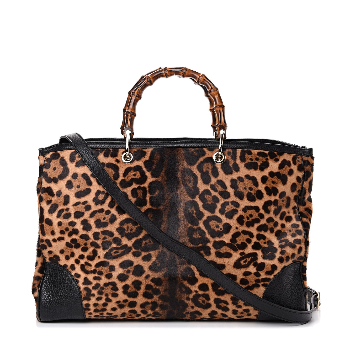 Calf Hair Leopard Print Large Bamboo Shopper Tote Black