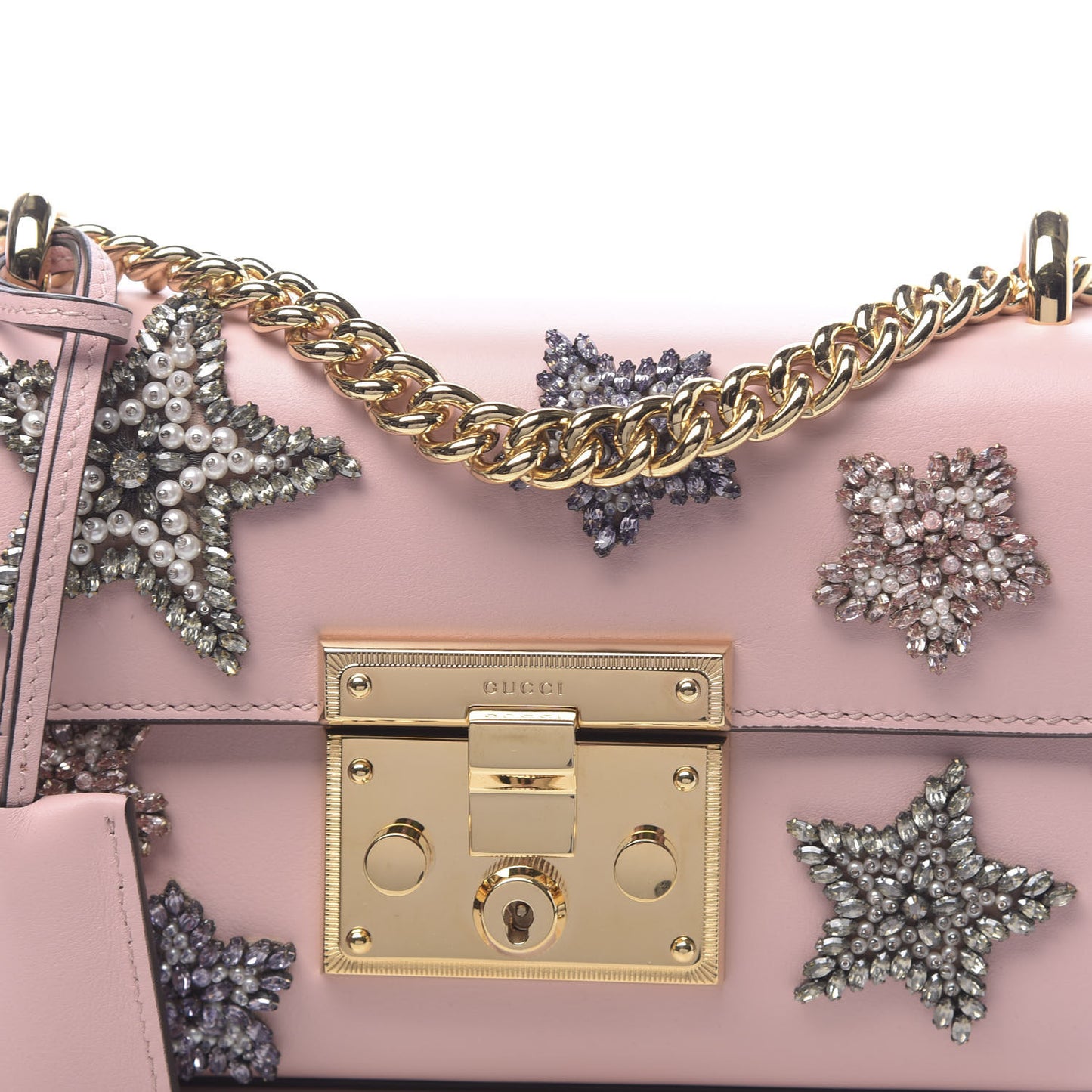 Calfskin Crystal Star Embroidered Small Padlock Shoulder Bag Perfect Pink Multicolor