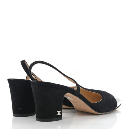 Chanel Kid Suede Metallic Lambskin Cap Toe CC Slingback Pumps 40.5 Black Silver 4 of 11