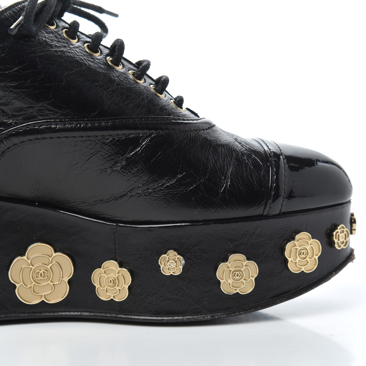 Chanel Crumpled Calfskin Lace Up Platform Oxfords 37 Black 17 of 22